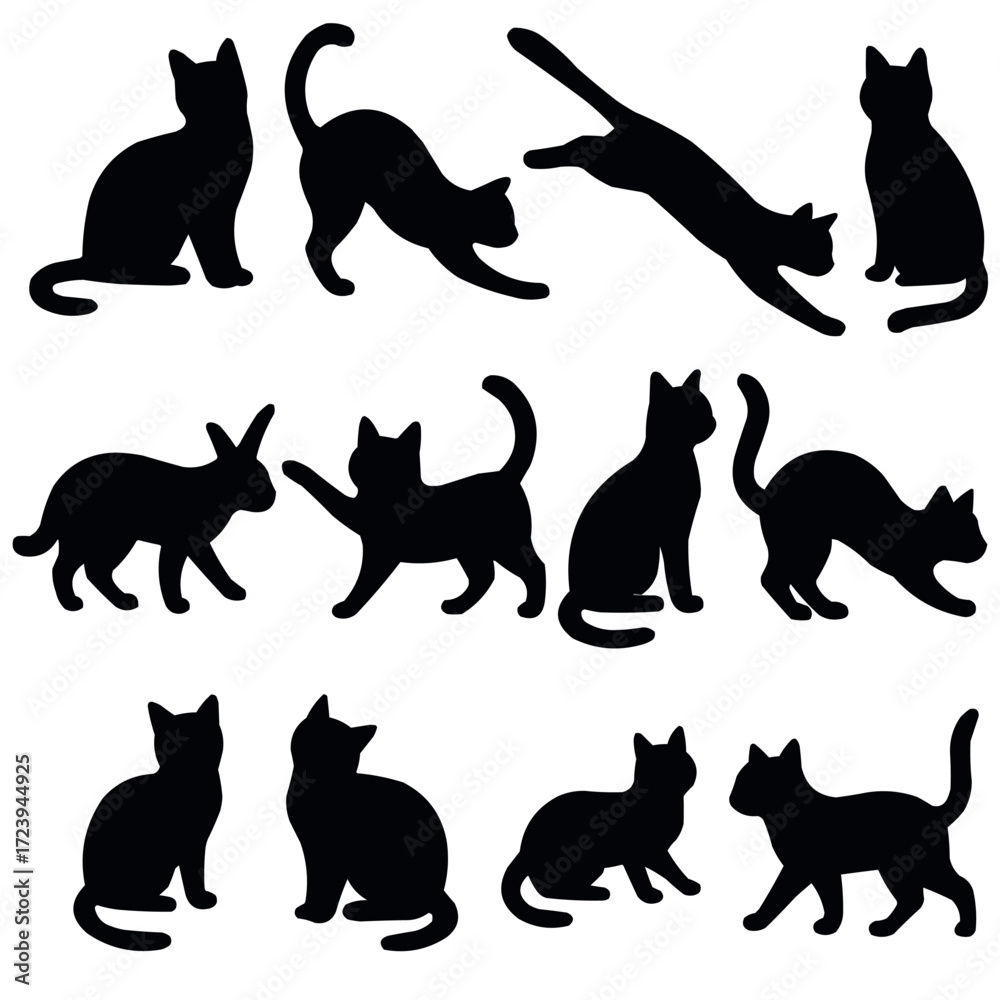 Obraz premium Adobe IllustCat silhouettes in different positions, black vector illustration isolated on white backgroundrator Artwork