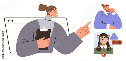 Woman with clipboard pointing at profiles and digital interfaces, analyzing online identity and misinformation. Ideal for safety, cyber security, online trust, identity, misinformation, analytics