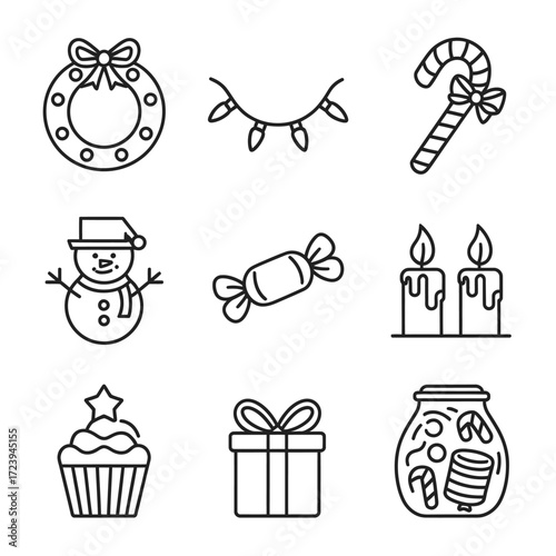 Vector art of assortment of christmas icons, featuring a wreath, lights, candy cane, snowman, candy, candles, cupcake, gift, and jar