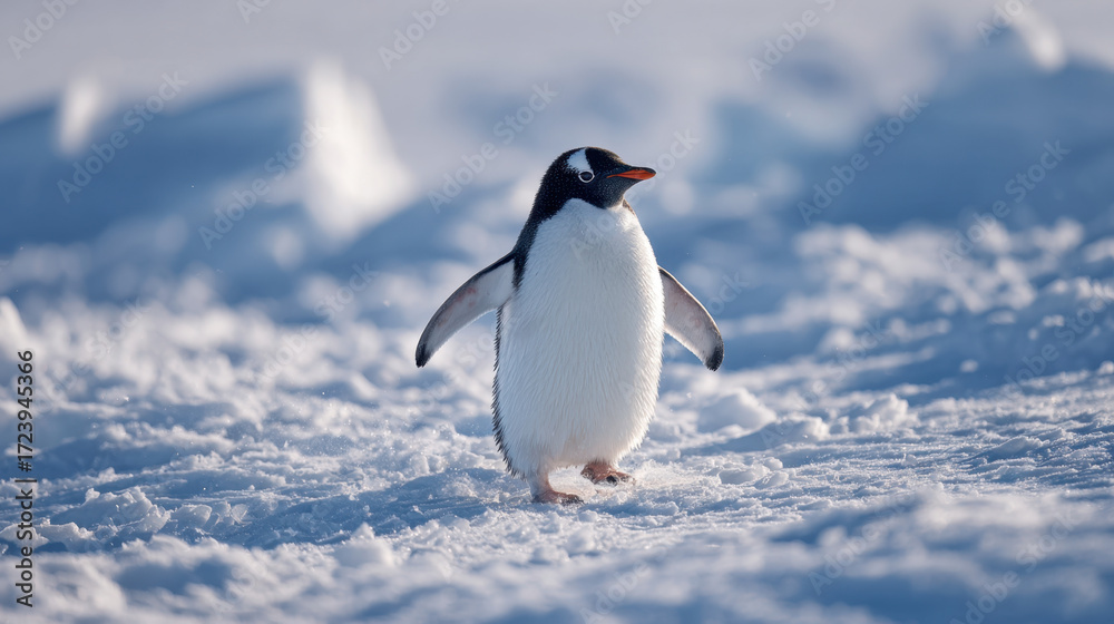 Naklejka premium Gentoo penguin walking on snow-covered landscape with beautiful lighting and blurred background emphasizing the cold environment and winter atmosphere