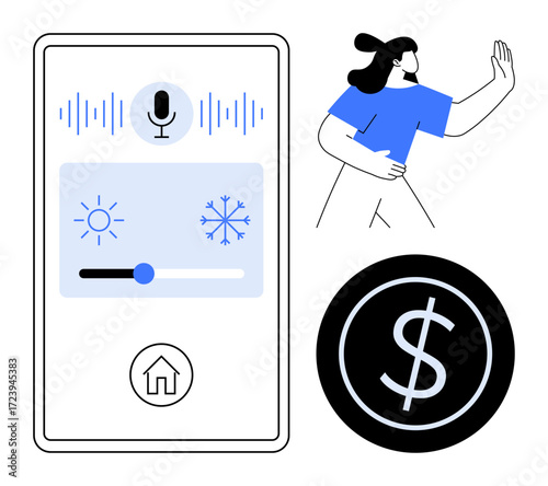 Mobile interface for smart home climate control, user adjusting settings, and a budget icon. Ideal for technology, home automation, minimalism, user experience, finance, energy management simple