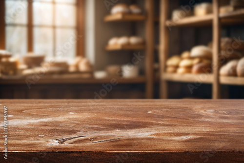 Fotografija Bakery interior with wooden table and various types of bread on shelves in soft