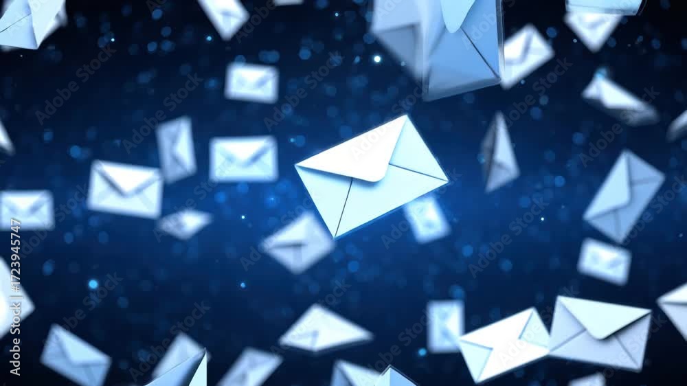 Many mail envelopes appear to float and move through a dark blue digital space, creating a captivating visual effect. Ideal for themes of communication and technology