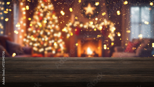 Cozy living room decorated for Christmas with a glowing tree and warm fireplace