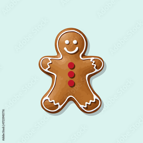 Vector art of a classic gingerbread man cookie with white icing and red candy buttons, set against a light blue background
