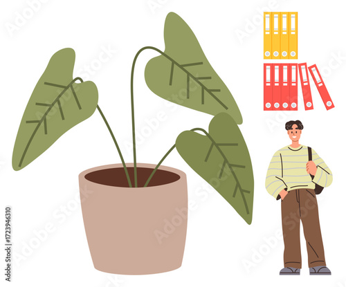 Potted plant with lush leaves beside sets of colorful folders and a casually dressed young man holding a bag. Ideal for nature, organization, office life, education, workspace decor, relaxation