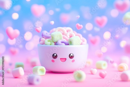 A cute and playful illustration of adorable kawaii noodles with a happy face served in a smiling bowl bringing a delightful and whimsical touch to food art