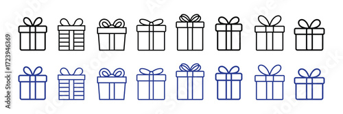 Collection of gift box icons with bows, presented in two rows, one black and white outline, the other in blue outline, isolated on white background