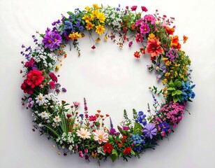 Vibrant flower wreath framing a blank center.  A colorful circle of various flowers, in a spectrum of hues, forms a decorative border on a plain white background