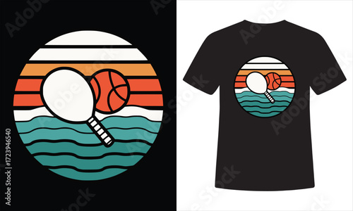 Retro Pickleball T-Shirt Design | Vintage Paddle and Ball with Sunset and Ocean Waves