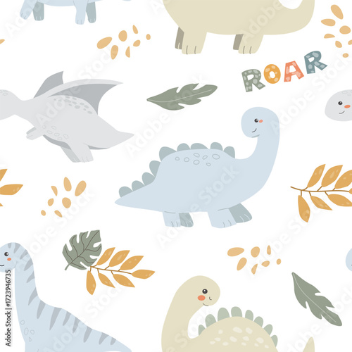 Cute dinosaur pattern with leaves and fun text on black background.