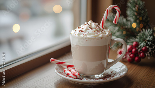 Frothy peppermint mocha with a candy cane stirrer on a cafe table with copy space
