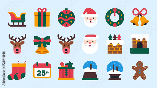 Vector art of small collection of pixel art christmas icons including santa, reindeer, gifts, snowflakes, and trees on a light blue background