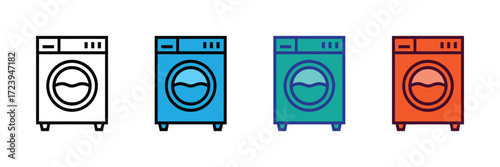 Collection of four washing machine icons in different colors and styles, isolated on a white background