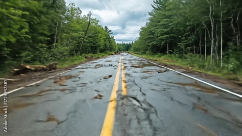 Damaged roadway after flooding.  Muddy, water-logged asphalt road amidst a forest, with debris and uprooted trees along the edges.  Dark brown mud covers the road surface.  Cloudy sky