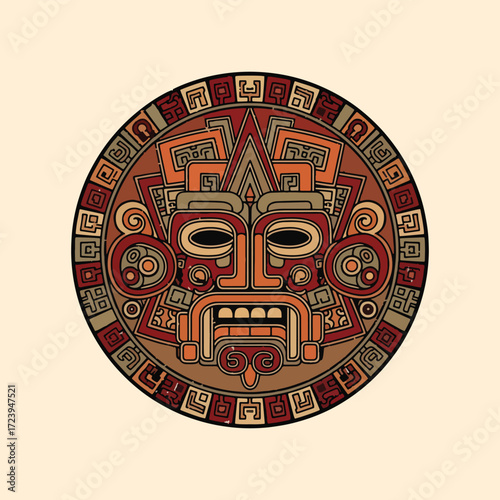 Intricate ancient sun god mask with vibrant earthy tones and geometric patterns.