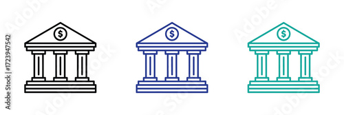 Set of three bank building icons in black, blue, and teal, isolated on white background