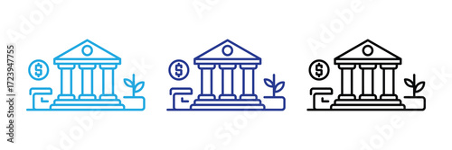 Bank building icon with dollar sign and plant, representing financial growth and investment, isolated on white background