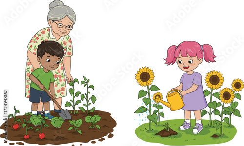Cartoon grandmother gardening with boy planting vegetables, girl watering sunflowers with watering can, family outdoor activity, farming and nature education illustration
