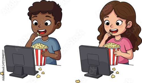 Cartoon kids eating popcorn and watching movie on screens, enjoying fun digital entertainment and screen time in modern indoor setting.