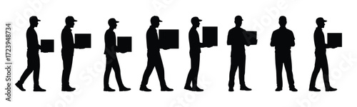 Silhouettes of delivery men carrying boxes, isolated on white background