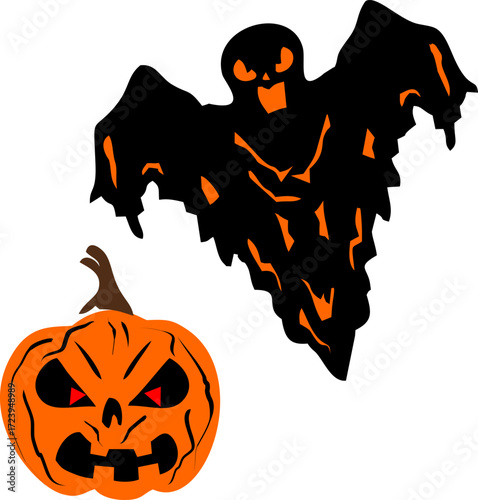This is a cartoon-style illustration featuring two Halloween symbols on a white background. On the left, there is a spooky orange jack-o'-lantern with a sinister expression and red eyes
  