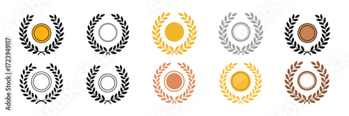 Collection of laurel wreath award medals in gold, silver, and bronze colors, isolated on white background
