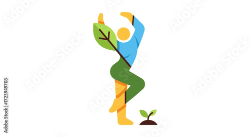 Abstract Illustration of Person in Tree Pose with Plant Growth.