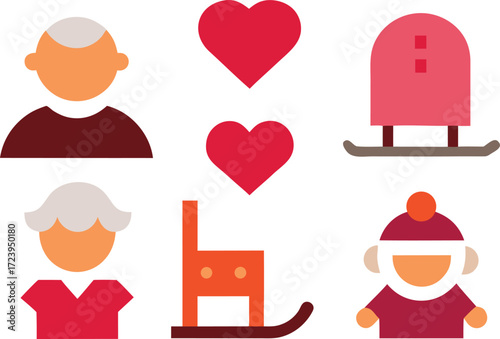 Grandparents day icons collection vector illustration featuring rocking chair and hearts vector