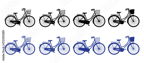Collection of vintage bicycles in black and blue silhouettes, isolated on white background