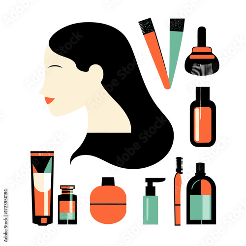 Flat minimalist vector illustration of female hair care products including shampoo, conditioner, combs, brushes, serum, mascara, and silhouette of woman with long black hair in profile
