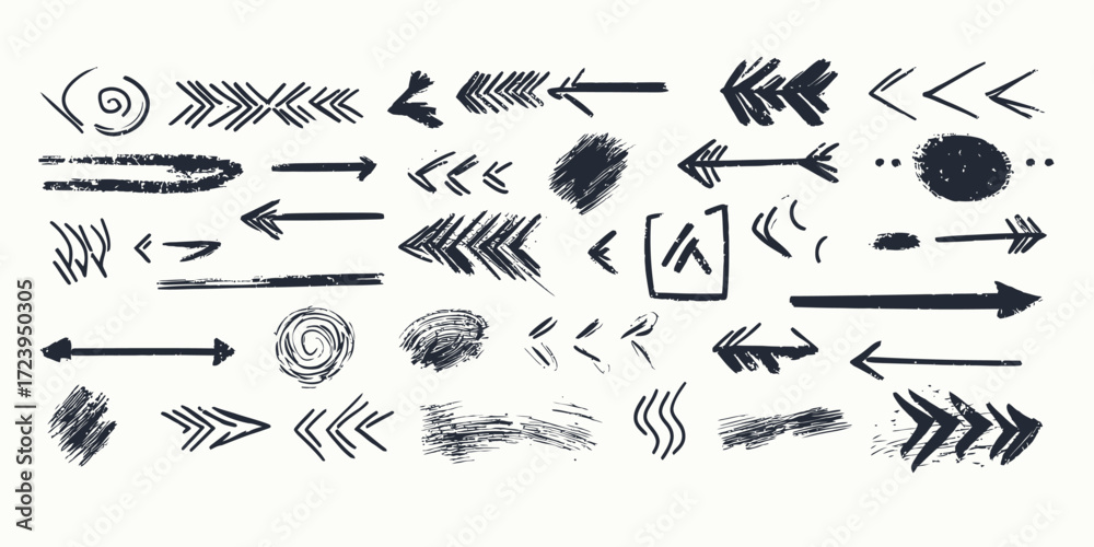 Obraz premium Hand drawn grunge arrow vector set with various brush stroke scribbles, chalk style sketch lines, spirals, directional elements for design and illustration
