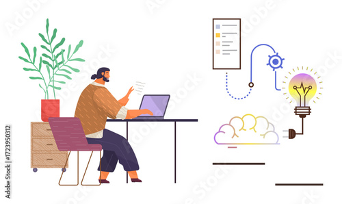 Person working on laptop beside plant, analyzing data flow, cloud platform, and light bulb for ideas. Ideal for teamwork, brainstorming, technology, innovation, creativity problem-solving remote