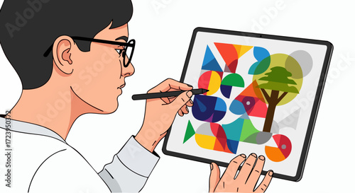 Artist Creates Digital Art on Tablet Using Stylus Colorful Abstract Illustration