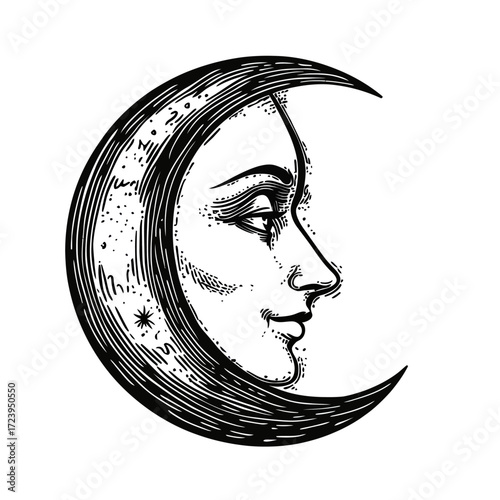 Black and white crescent moon with detailed human face profile engraving vintage style celestial astronomical illustration
