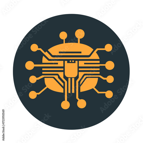 Flat minimalist vector illustration of artificial intelligence microchip with circuit connections and central processing unit design in orange and red on dark background