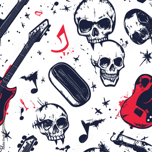 Seamless pattern of grunge rock electric guitars, skulls with fangs, music notes, and ink splatters in flat minimalist tattoo graffiti style vector illustration