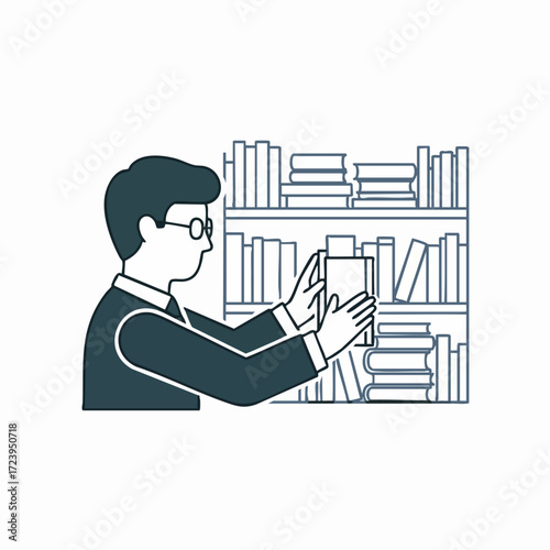 Librarian in Glasses Searching Bookshelf for the Right Book Illustration