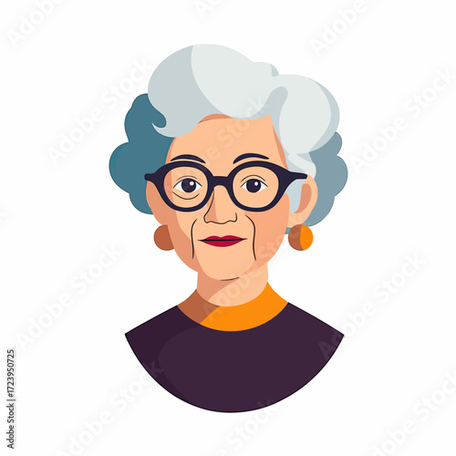 Portrait of elderly woman with white hair, black glasses, orange earrings, and purple top in flat minimalist vector style illustration for senior representation and age concept