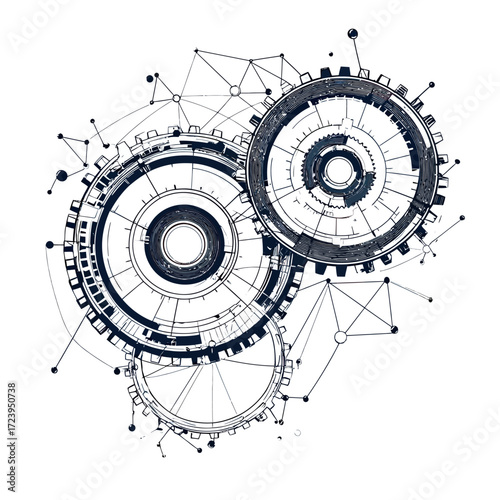 Abstract digital vector illustration of interconnected mechanical gears with polygonal network and wireframe elements on white background for engineering and technology concepts