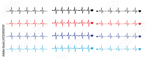Set of electrocardiogram ecg heart rhythm lines in black, red, blue, and cyan isolated on white background