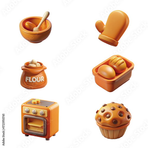 3D Baking Icons Set – Kitchen, Food, Oven, Bread, Muffin, Flour, Mixer Illustrations