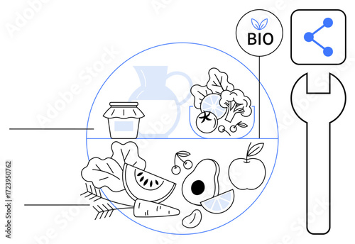 Fresh fruits, vegetables, jam jar, and wheat, highlighted with bio and technology icons, promoting health, organic food, sustainability, innovation eco-living agriculture simple landing page