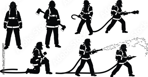 firefighter, fireman, rescuer, emergency, safety, professional, silhouette, helmet, hose, axe, spray, water, icon, vector, illustration, black, white, uniform, staff, design