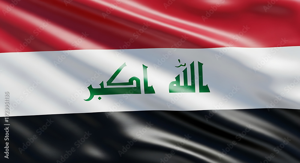 Naklejka premium A photorealistic closeup of the iraqi flag waving gently in the breeze, showcasing its vibrant red, white, and black stripes, along with the green arabic script of the takbir, creating a powerful symb