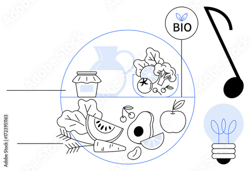 Collection of fruits, vegetables, and healthy items in minimalist style. Includes eco-friendly elements thumbs up a Bio label and plant bulb. Ideal for healthy eating, sustainability, organic