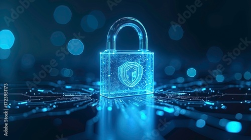 high tech visualization of cybersecurity threats a transparent padlock glowing with neon blue lights 3d render