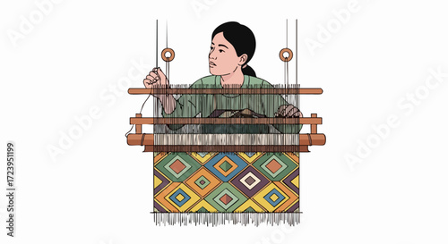 Artisan Woman Weaving Traditional Rug on Loom Craftsmanship Concept