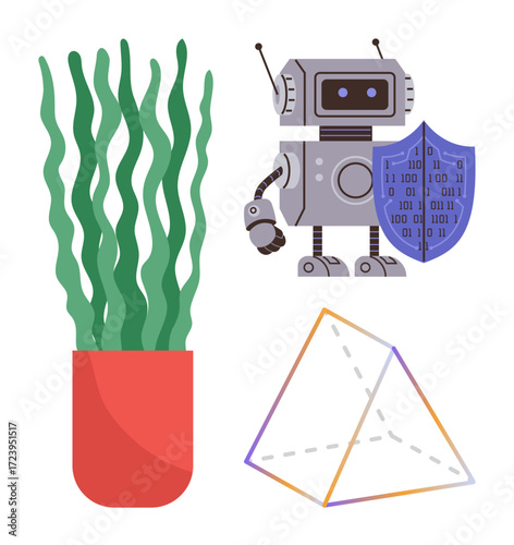 Robot holding binary shield, green plant in red pot, wireframe pyramid symbolizing AI, nature, and geometry. Ideal for technology, protection, sustainability, science innovation security future