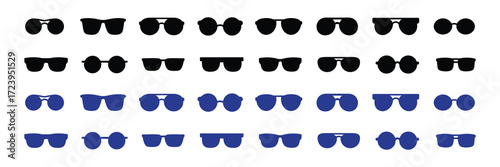 Collection of various black and blue sunglasses in different shapes and styles, isolated on a white background
